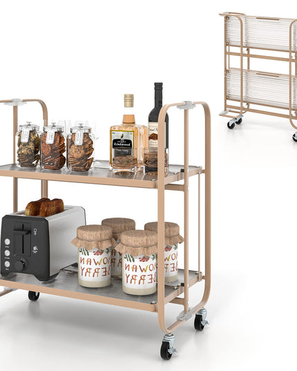 Giantex 2-Tier Mobile Serving Cart, Foldable Storage Cart on Wheels, Tempered Glass Shelf (Rose Gold)
