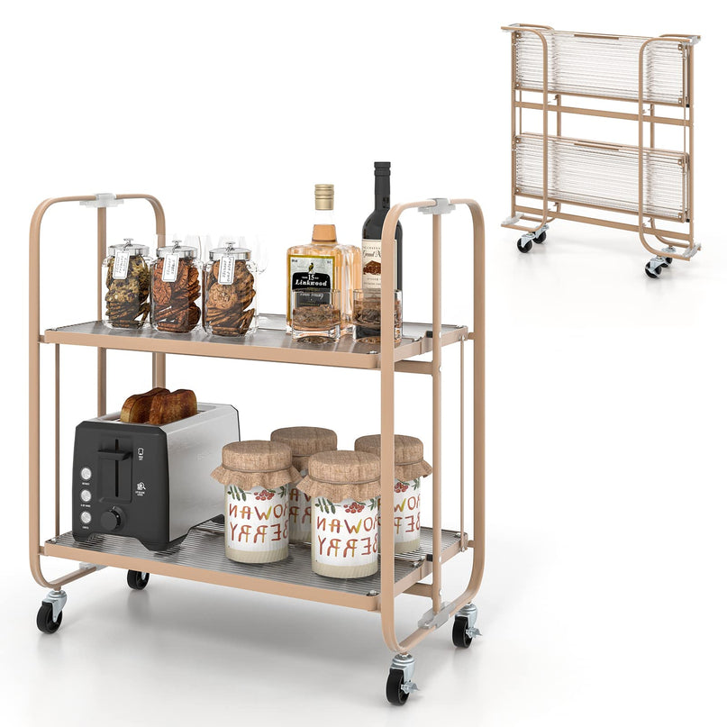 Giantex 2-Tier Mobile Serving Cart, Foldable Storage Cart on Wheels, Tempered Glass Shelf (Rose Gold)