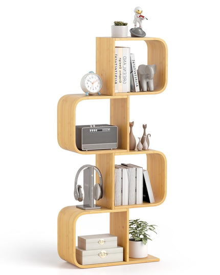Giantex 4-Tier S-Shaped Bamboo Bookshelf with 4 Open Cubes