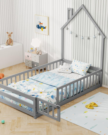 Giantex Twin Floor Bed, House-Shaped Montessori Bed Frame with Headboard, Full-Length Guardrail