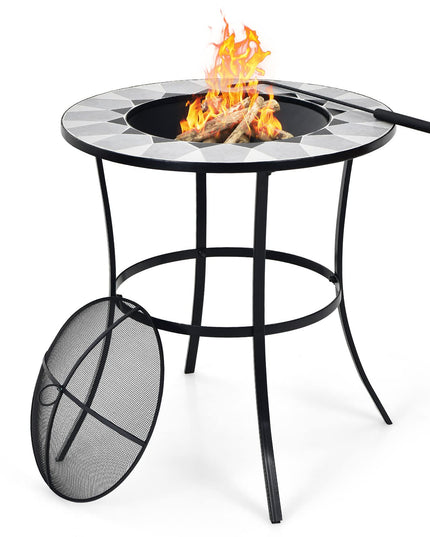 Giantex Fire Pit Table, Outdoor Fire Pit with Mesh Cover, Fire Poker, Tile Tabletop