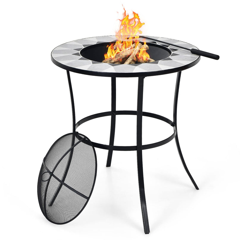 Giantex Fire Pit Table, Outdoor Fire Pit with Mesh Cover, Fire Poker, Tile Tabletop