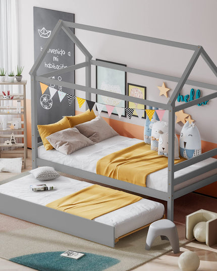 Giantex House Bed with Trundle, Solid Wood Twin Size Daybed for Girls & Boys