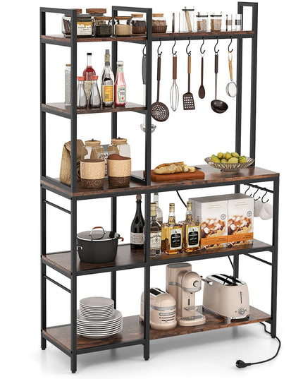 Giantex Bakers Rack with Power Outlets, 5-Tier Coffee Bar Table Organizer w/ 10 S-Shaped Hooks, 63" Large Microwave Stand