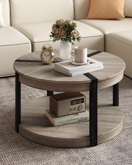 Giantex Round Coffee Table with Open Storage Shelf & Rubber Wood Frame