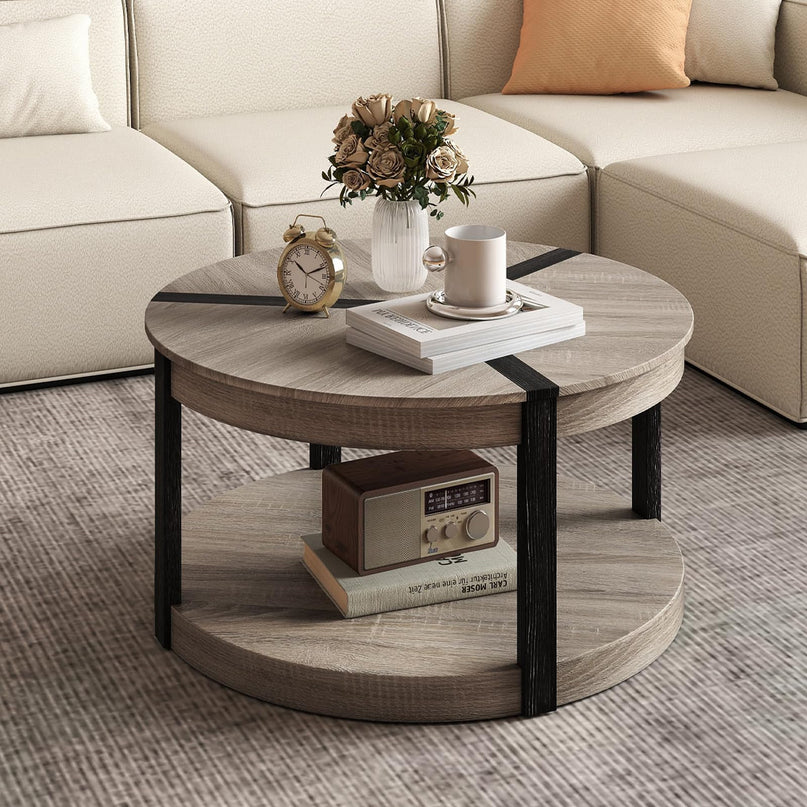 Giantex Round Coffee Table with Open Storage Shelf & Rubber Wood Frame