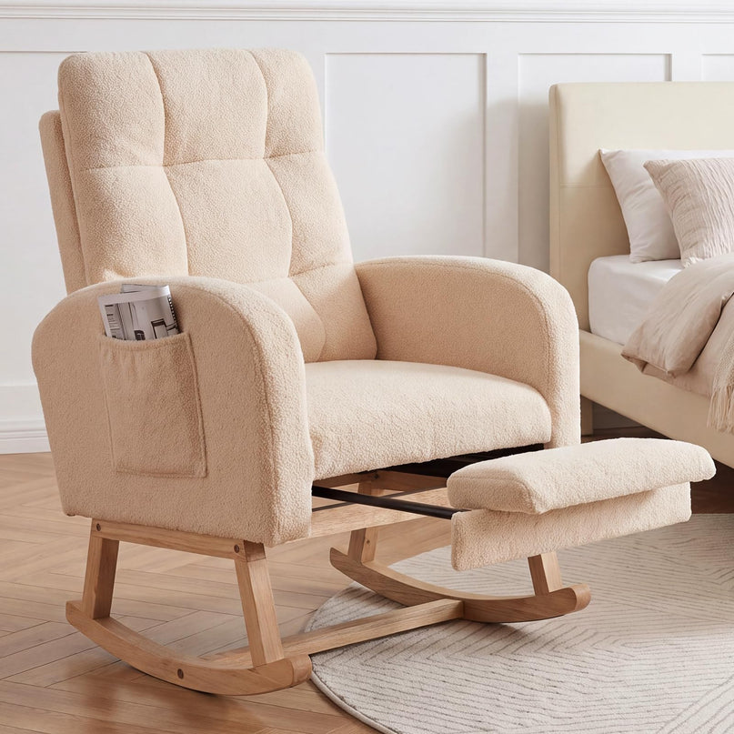 GIANTEX Nursery Rocking Chair | Teddy Upholstered Glider Chair with Footrest