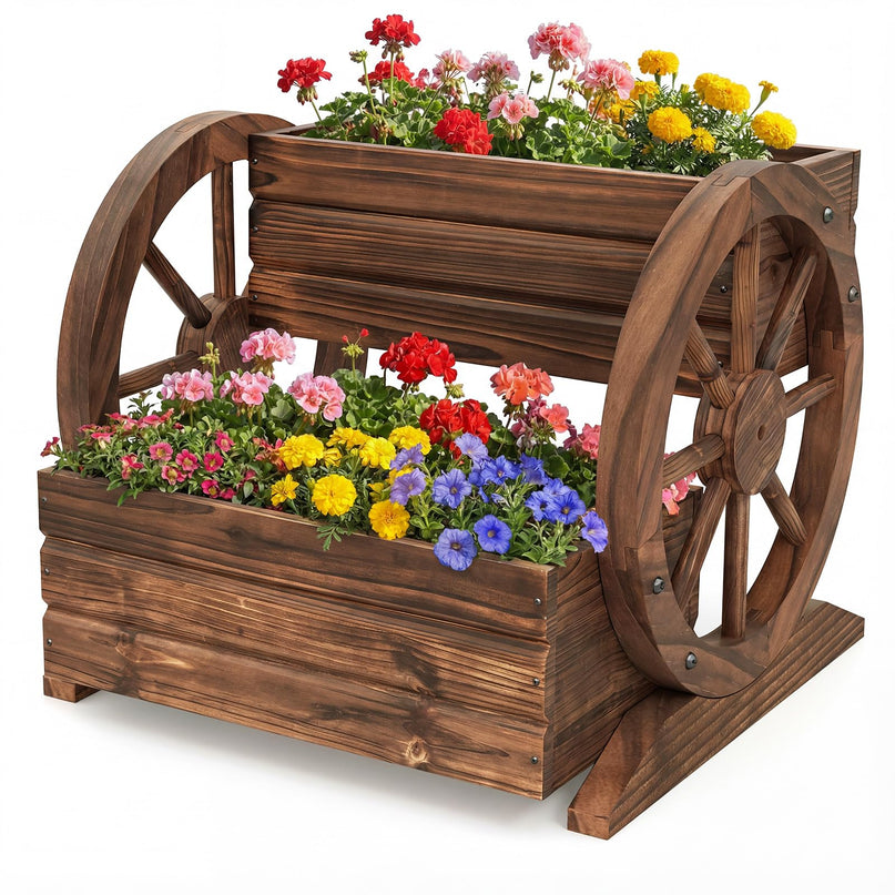 Giantex Wooden Wagon Planter Box for Flowers Herbs Vegetables