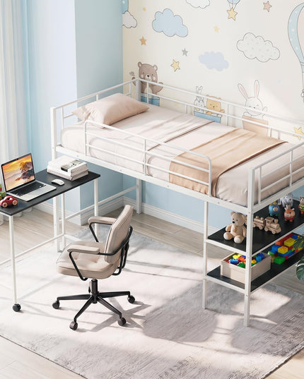 Giantex Low Loft Bed with Desk & Bookshelf Twin Size Platform Bedframe