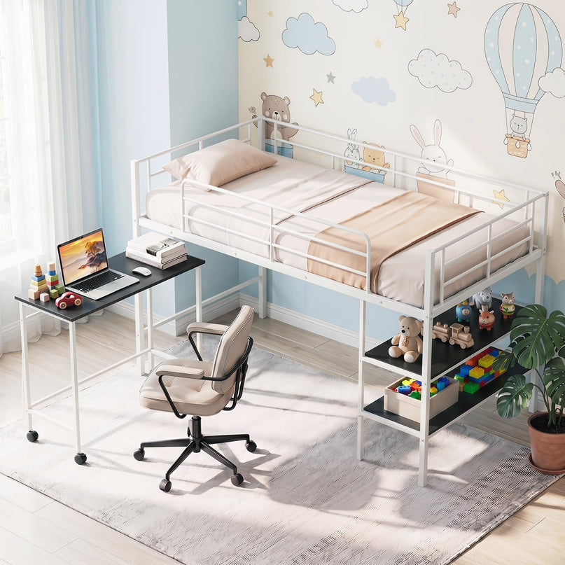 Giantex Low Loft Bed with Desk & Bookshelf Twin Size Platform Bedframe