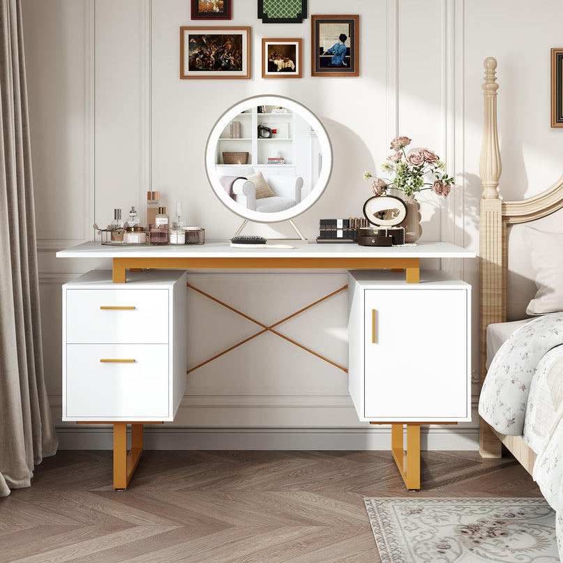 Giantex Computer Desk with Drawers & Cabinet, 51” Long Home Office Desk with Floating Desktop & Metal Frame