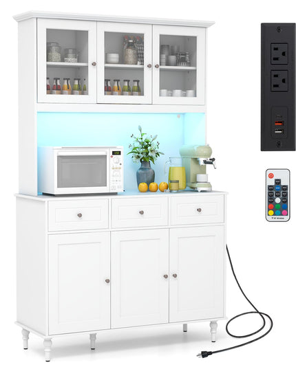 Giantex Pantry Cabinet, 77” Tall Buffet Cabinet with Hutch, LED Lights & Charging Station