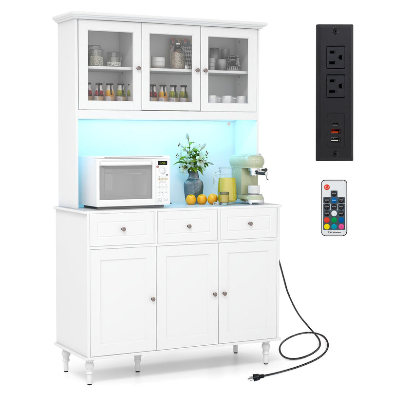 Giantex Pantry Cabinet, 77” Tall Buffet Cabinet with Hutch, LED Lights & Charging Station