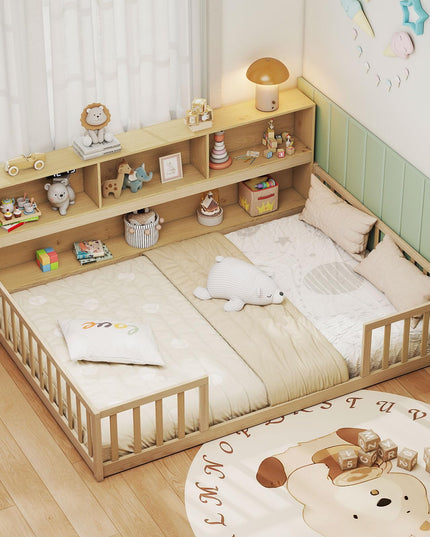 Lit de plancher Giantex pour enfants, taille simple/double, avec bibliothèque (Simple/Double avec bibliothèque)
