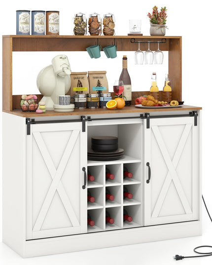 Giantex Farmhouse Buffet Cabinet with Hutch, Charging Station, 9 Bottle Wine Rack, Cup Glass Holder