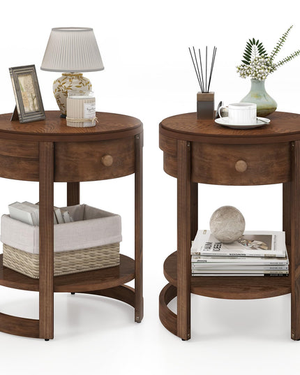 Giantex Round Side Tables Set of 1/2, 2-Tier Retro End Tables with Drawer & Shelf