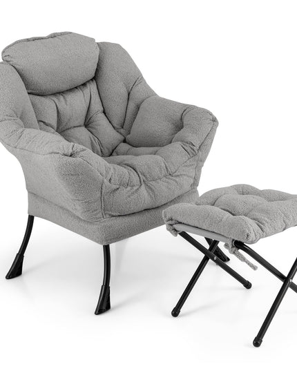 Giantex Set of 1/2 Lazy Chair with Folding Ottoman, Modern Sherpa Accent Chair w/Armrests & Pocket