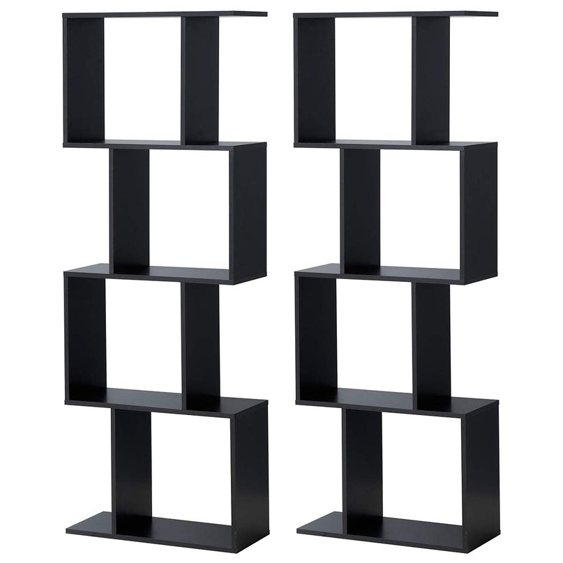 4 Tier Bookshelf S Shaped Bookcase, Multifunctional Wooden Display Decor Furniture