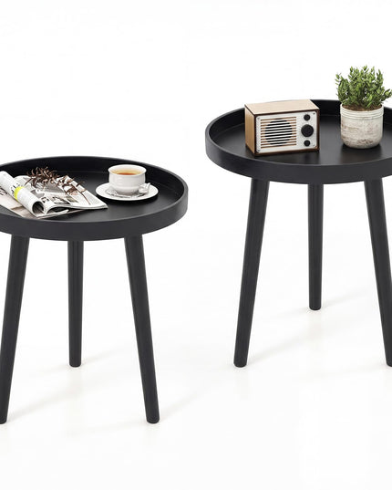 Giantex Round End Table with Wooden Tray & Bamboo Legs