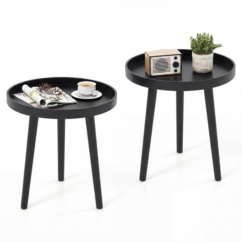 Giantex Round End Table with Wooden Tray & Bamboo Legs