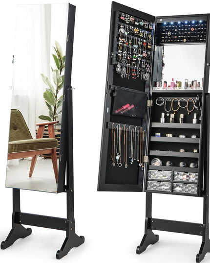 CHARMAID 6 LEDs Jewelry Cabinet Armoire with High Full length Mirror, Lockable Standing Jewelry Organizer Storage with lipstick Tray