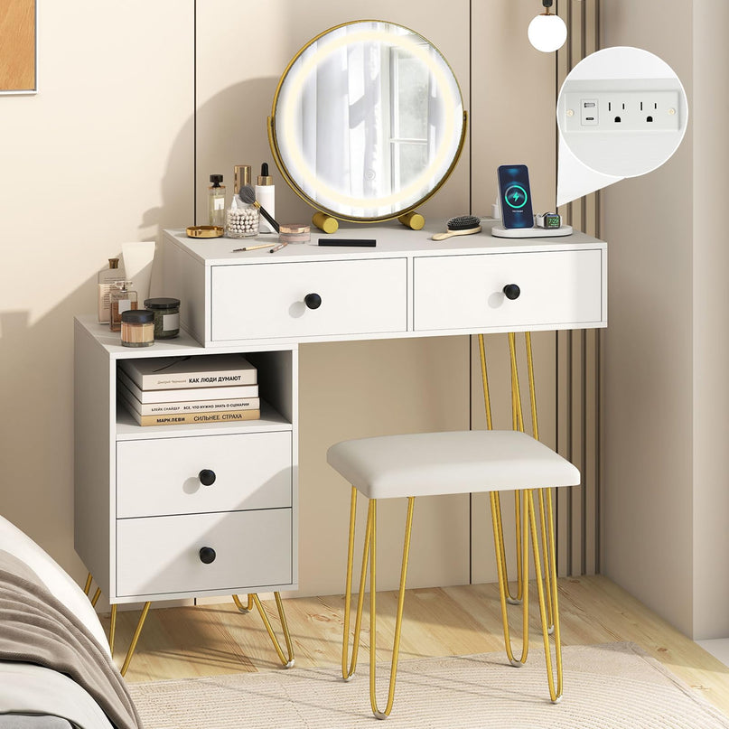 Coiffeuse avec miroir lumineux et station de charge pour chambre de fille
