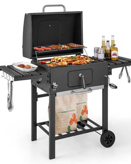 Giantex 24-Inch Charcoal Grill - 2 Foldable Side Tables, Bottom Storage Shelf, 8 Hooks, Adjustable Charcoal Tray