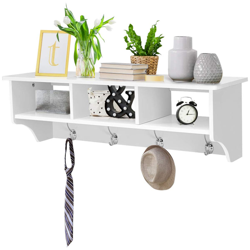 Giantex Hanging Shelf with Hooks Wall Mount Cubby Organizer with 4 Dual Hooks and Storage for Entryway