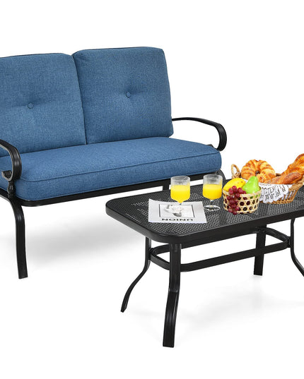 Giantex 2 Pcs Patio Loveseat with Coffee Table Outdoor Bench with Cushion and Metal Frame