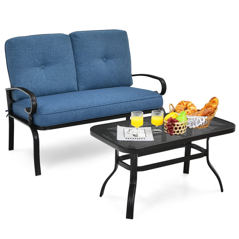 Giantex 2 Pcs Patio Loveseat with Coffee Table Outdoor Bench with Cushion and Metal Frame