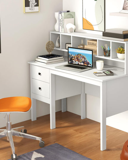 Giantex White Desk with Drawers and Power Outlet, 48" Home Office Computer Desk with 5-Cubby Hutch