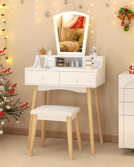 Small Vanity Desk with Mirror and Lights, White Makeup Vanity Desk with 6 Drawers