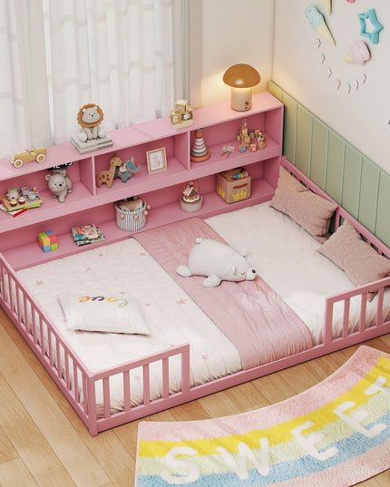 Lit de plancher Giantex pour enfants, taille simple/double, avec bibliothèque (Simple/Double avec bibliothèque)