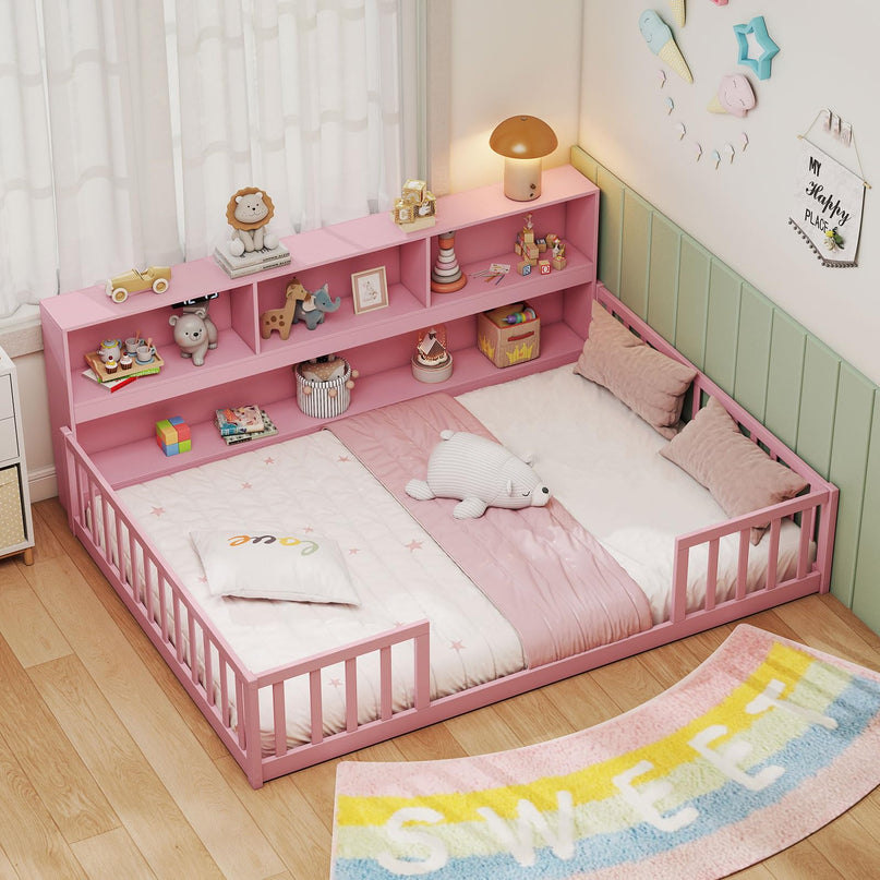 Giantex Twin/Full Size Floor Bed with Bookcase for Kids(Twin/Full with Bookcase)