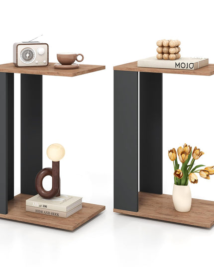 Giantex C Shaped End Table, 2-Tier Sofa Side Table with Universal Wheels & Storage Shelf