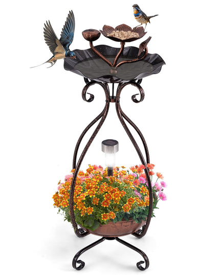 Giantex Bird Bath with Planter - Solar Lighted Bird Bath for Outside with Bird Feeder