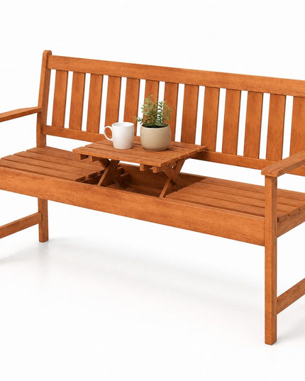 GIANTEX 59" 2-Person Outdoor Bench with Pull-Out Center Table