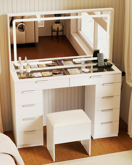 CHARMAID 56'' Vanity Desk with Lighted Mirror Glass Top Charging Station