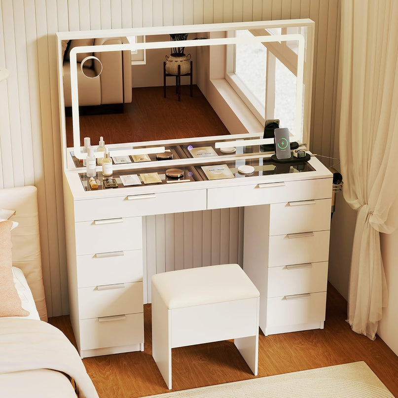 CHARMAID 56'' Vanity Desk with Lighted Mirror Glass Top Charging Station