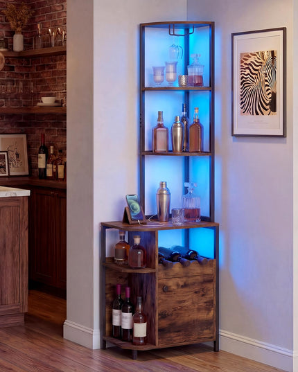 Giantex Corner Bar Cabinet w/Power Outlets | 6-Tier Industrial Wine Cabinet w/LED Light Strip