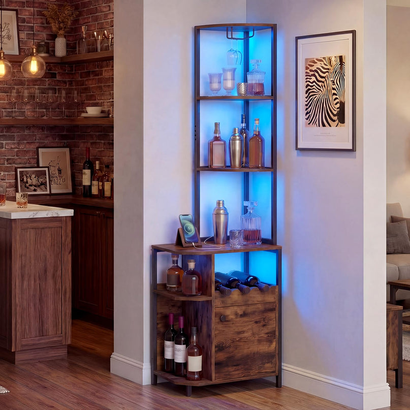 Meuble d'angle de bar Giantex avec prises électriques | Armoire à vin industrielle à 6 niveaux avec bandeau lumineux LED