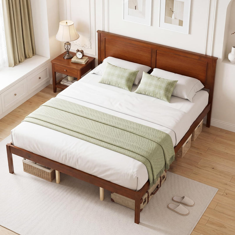 Giantex Mid-Century Modern Wood Queen/Full/Twin Size Bed Frame with Headboard