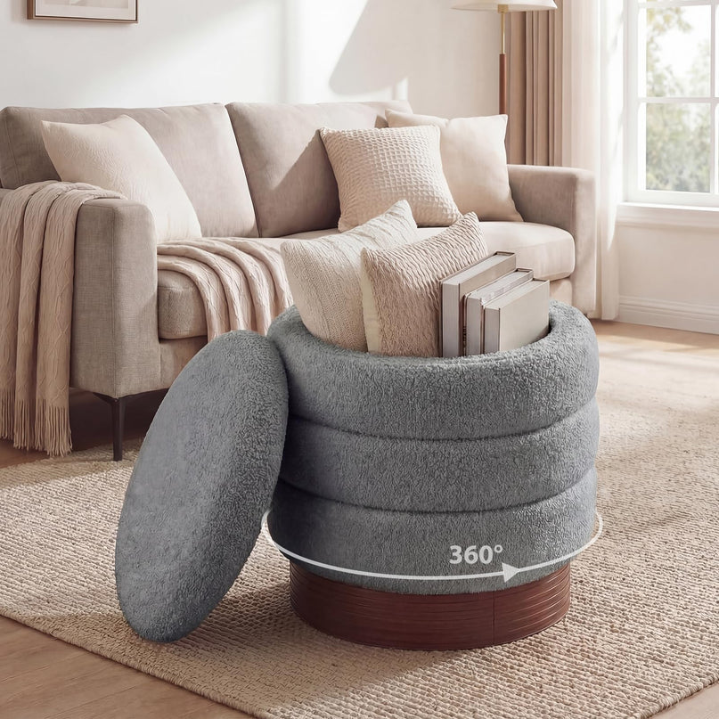 Giantex Round Ottoman with Storage 360° Swivel Boucle Vanity Stool