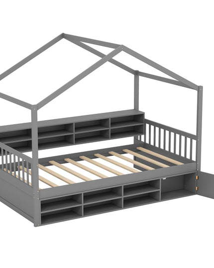 Giantex Twin Size House Bed with Storage, Wooden Montessori House Bed with 14 Storage Cubes