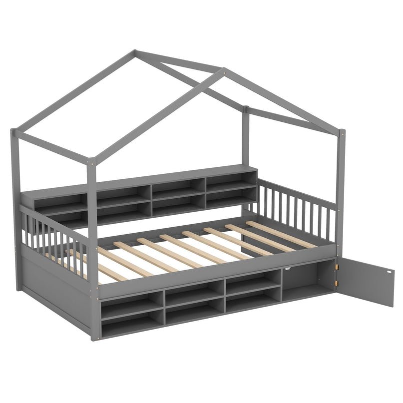 Giantex Twin Size House Bed with Storage, Wooden Montessori House Bed with 14 Storage Cubes