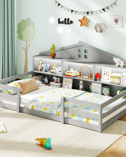 Giantex Twin/Full Size Montessori Wooden Floor Bed with LED Lights
