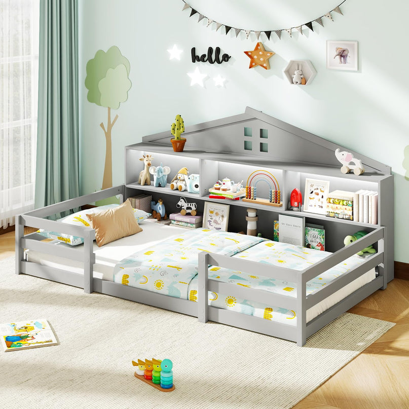 Giantex Twin/Full Size Montessori Wooden Floor Bed with LED Lights