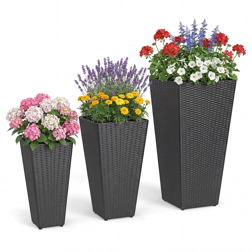 Giantex Lot de 3 jardinières hautes | Jardinières coniques en rotin de 76,2 cm, 55,9 cm et 47 cm de haut avec bacs intérieurs amovibles
