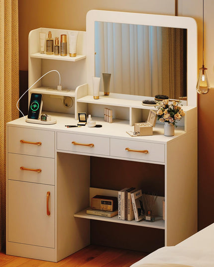 CHARMAID White Makeup Vanity Desk with Mirror & Charging Station
