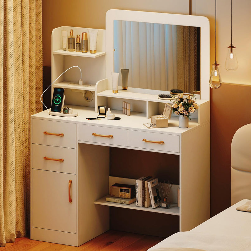 CHARMAID White Makeup Vanity Desk with Mirror & Charging Station